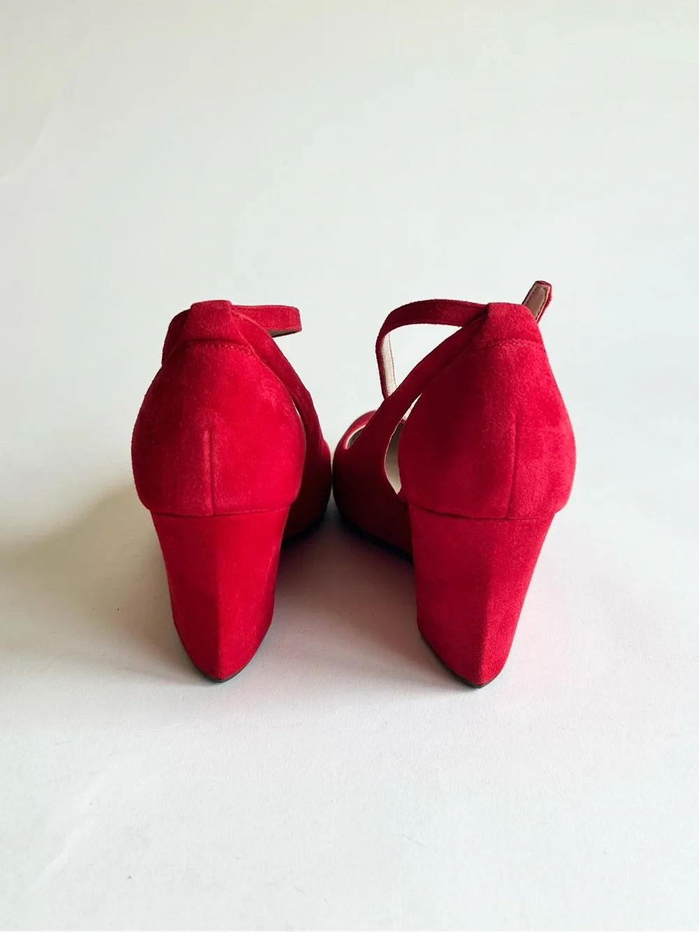 New Cole Haan Red Suede Leather Almond Toe Ankle Strap Wedge Heels size 7.5